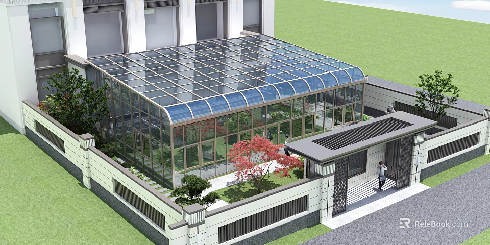Curved Glass Sunshade in Garden Entrance with Green Plants Red Trees and Fence Near Building 3d model 