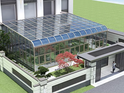 Curved Glass Sunshade in Garden Entrance with Green Plants Red Trees and Fence Near Building 3d model