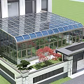 Curved Glass Sunshade in Garden Entrance with Green Plants Red Trees and Fence Near Building