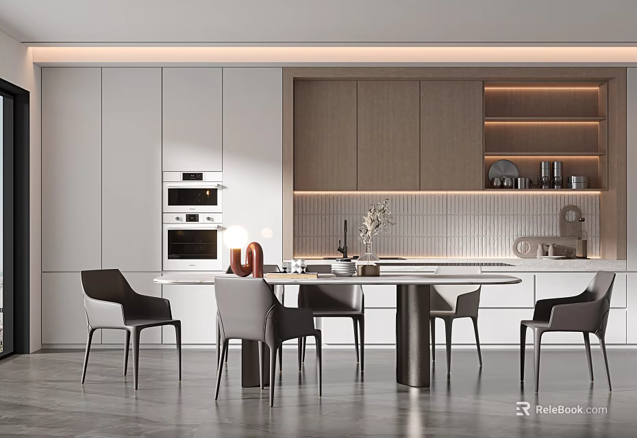 Modern Restaurant Interior With Open Dining Space Round Table And Stylish Cabinets 3d model