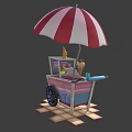 Vibrant Ice Cream Cart With Red And White Striped Umbrella Cones And Fruits
