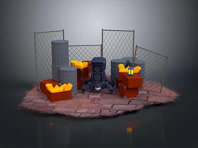 Character And Yellow Creature Near Metal Fence With Barrels Crates And Black Machine 3d model