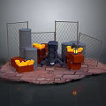 Character And Yellow Creature Near Metal Fence With Barrels Crates And Black Machine