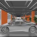 Modern Indoor Lounge Space With Gray Sofas Round Coffee Tables Green Plants And Orange Pillars