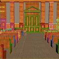 Cartoon Courtroom Scene With Red Wooden Benches Podium Columns And Interior