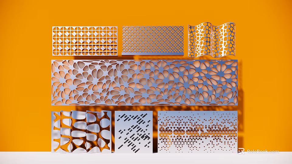 Modern Perforated Decorative Panels With Various Geometric And Abstract Patterns On Orange Background 3d model 