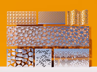 Modern Perforated Decorative Panels With Various Geometric And Abstract Patterns On Orange Background 3d model
