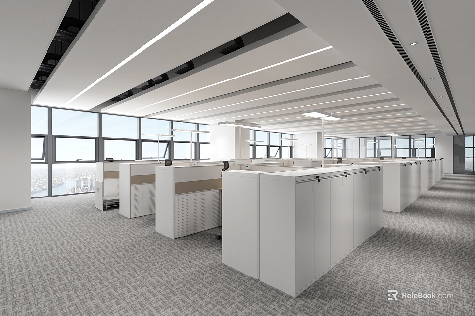 Modern Public Office Space Featuring Open Layout Cubicles Large Windows And Natural Light 3d model 