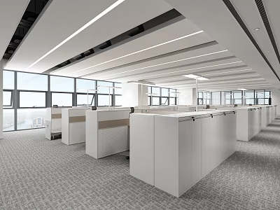 Modern Public Office Space Featuring Open Layout Cubicles Large Windows And Natural Light 3d model