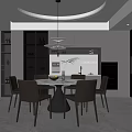 Modern Restaurant Interior With Circular Dining Table Grey Chairs Pendant Lights And Sleek Cabinets