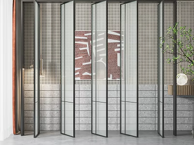 Stylish Modern Room Divider With Metal Frame Perforated Grid Red Geometric Wall And Plant 3d model