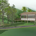 Wooden House with Deck Surrounded by Palm Trees and Green Mountains in Misty Forest