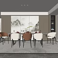 Modern Elegant Restaurant Interior With Mountain Landscape Backdrop Dining Table Chairs Lighting And Patterned Rug 3d model