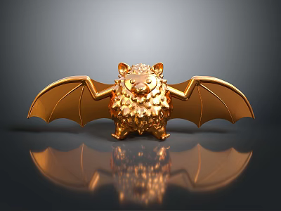 Golden Animal Sculpture With Bat Wings And Lion Like Features On Reflective Surface 3d model
