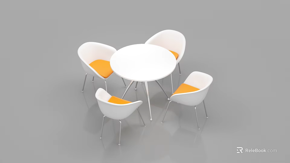 Modern White Round Dining Table With Chairs Orange Cushioned Seats And Metal Legs 3d model 