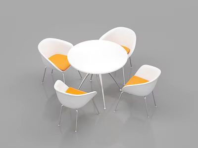 Modern White Round Dining Table With Chairs Orange Cushioned Seats And Metal Legs 3d model