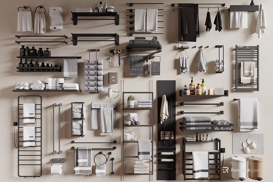 Bathroom Towel Storage Solutions With Various Racks Hooks And Neatly Arranged Towels 3d model 