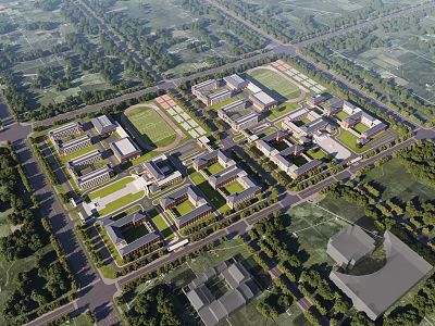 Aerial View of Modern School Buildings With Campus Layout Green Spaces and Sports Fields 3d model
