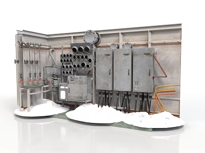 Industrial Equipment Setup With Control Cabinets Pipes Valves And Metal Frames Installation 3d model