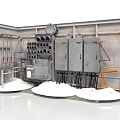 Industrial Equipment Setup With Control Cabinets Pipes Valves And Metal Frames Installation