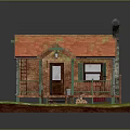 Small Wooden Cabin Model with Red Roof Green Railings Porch Chimney Grass Lawn and Woodpile