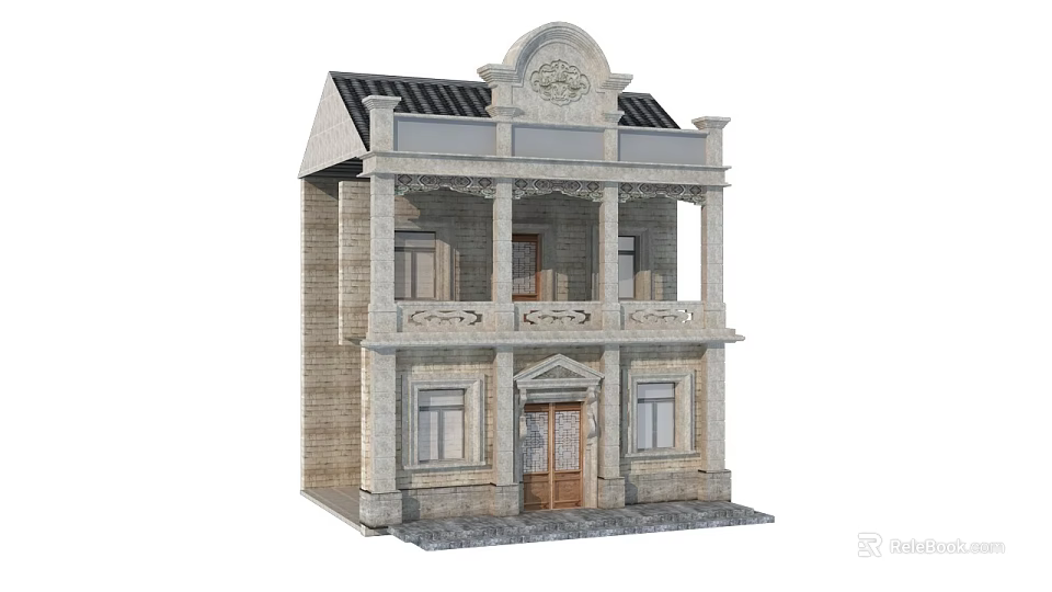 Commercial Complex Featuring Classical Architecture Two Story Stone Exterior And Balcony Design 3d model