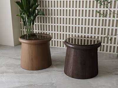 Light And Dark Brown Wooden Stools With Round Top By Green Plant And Lattice Wall 3d model