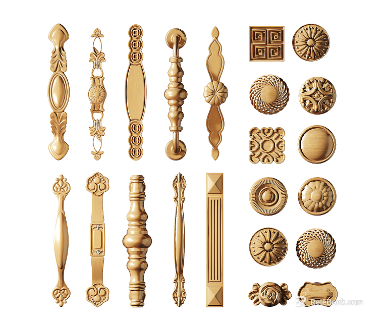 Golden Decorative Furniture Handles For Cabinets And Doors With Various Ornate Designs 3d model 
