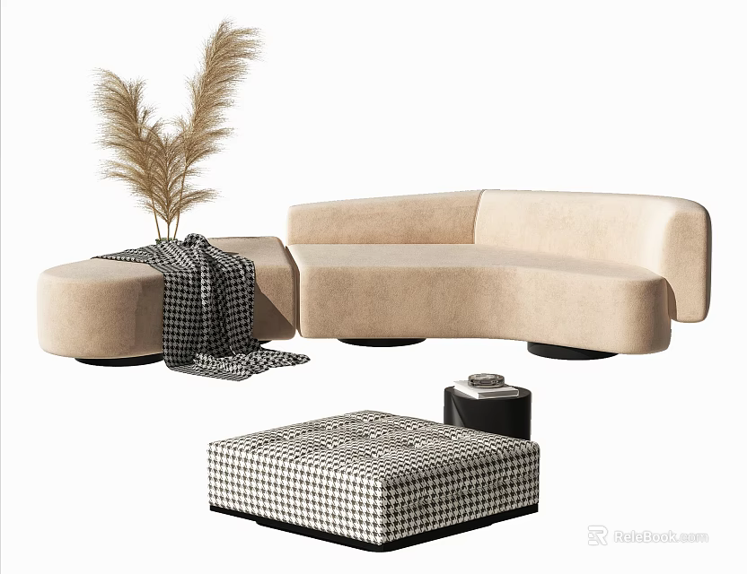 Beige Curved Sectional Sofa with Round Ottoman Checkered Blanket Small Side Table and Pampas Grass 3d model 