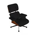 Black Leather Lounge Chair With Wooden Frame And Metal Swivel Base Design