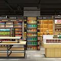 Modern Supermarket Interior With Well Stocked Shelves Fresh Fruits And Refrigerated Counters