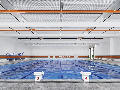 Indoor Swimming Pool with Blue Lanes Sports Facility and Seating Areas 3d model
