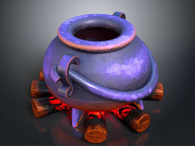 Purple Metallic Cauldron With Handles On Burning Logs And Flames 3d model