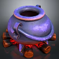 Purple Metallic Cauldron With Handles On Burning Logs And Flames