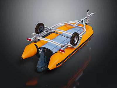 Inflatable Yacht With Metal Frame Two Wheels And Outboard Motor 3d model