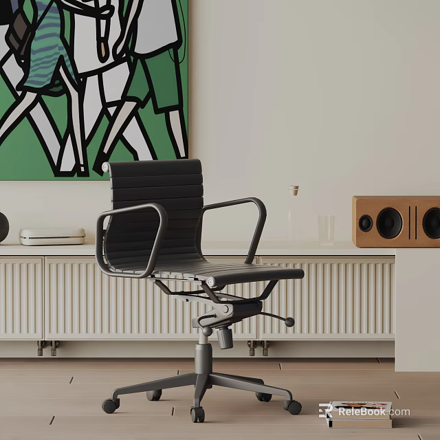 Black Office Chair With Armrests Metal Base Wheels In Modern Interior With Green Abstract Painting 3d model 