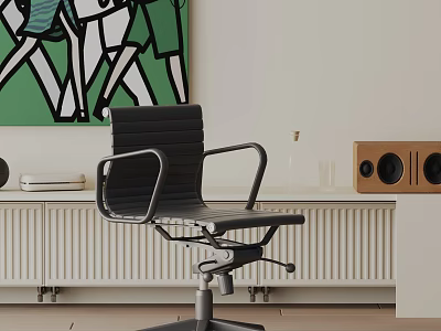 Black Office Chair With Armrests Metal Base Wheels In Modern Interior With Green Abstract Painting 3d model