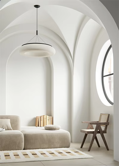 Modern White Pendant Light in Minimalist Interior With Arch Walls Round Window And Cozy Sofa 3d model