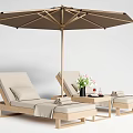 Outdoor Lounge Chairs With Wooden Frame Beige Cushion Side Table Umbrella Flowers And Wine Glass