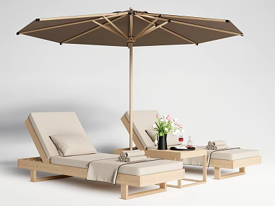 Outdoor Lounge Chairs With Wooden Frame Beige Cushion Side Table Umbrella Flowers And Wine Glass 3d model