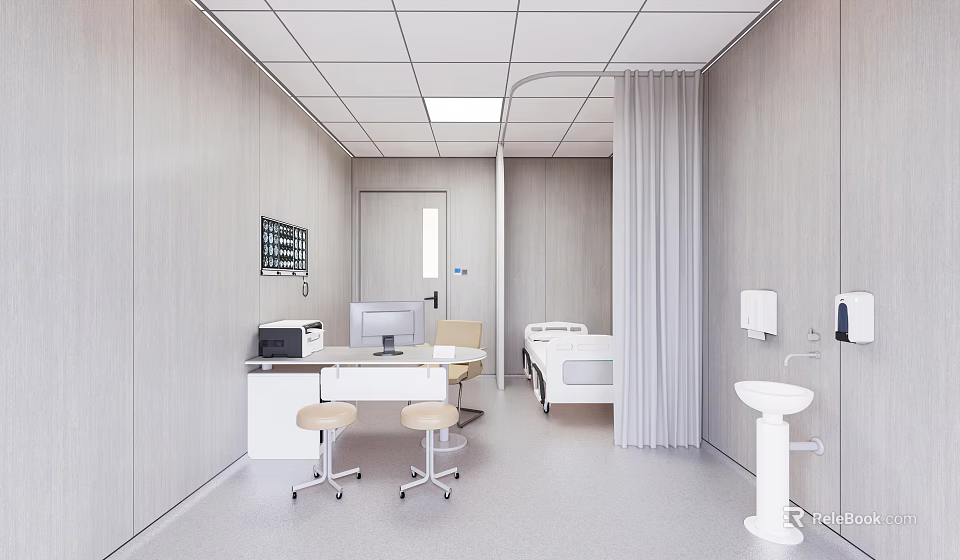 Modern Medical Room Interior With Bed Computer Desk Sink And Curtain 3d model 