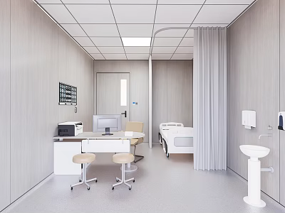 Modern Medical Room Interior With Bed Computer Desk Sink And Curtain 3d model
