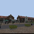 European Style Commercial Street with Red Brick Buildings Pedestrians Outdoor Seating Greenery and Clear Sky