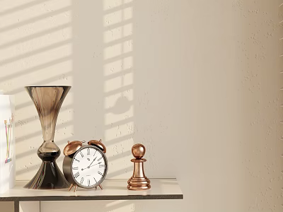Ornamental Decor Set With Vase Alarm Clock Chess Piece On Shelf With Blinds Light Shadows 3d model