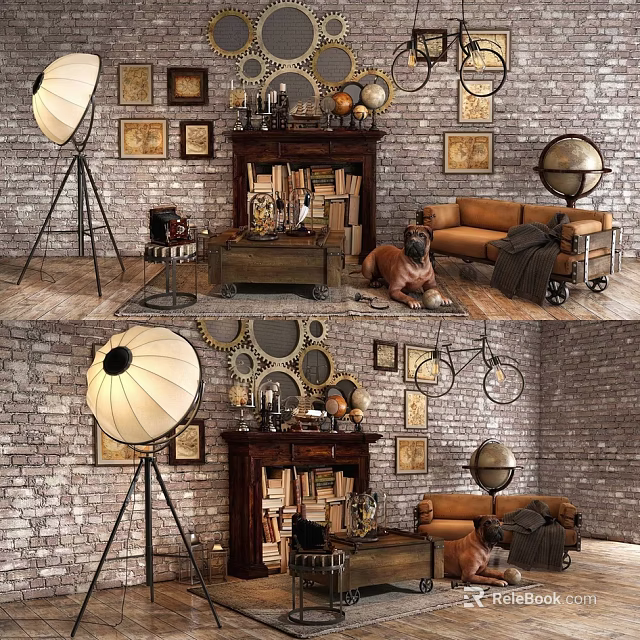 Vintage Sofa and Coffee Table Set with Brick Wall Decorative Paintings Globe and Tripod Lamp 3d model 