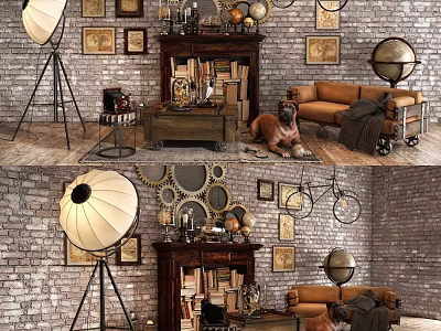 Vintage Sofa and Coffee Table Set with Brick Wall Decorative Paintings Globe and Tripod Lamp 3d model