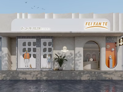 FEIFANTE Modern Storefront With Window Clothing Display Mannequins And Entrance Plants 3d model