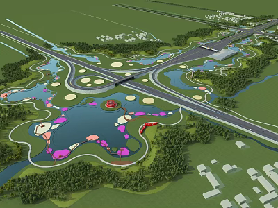 Scenic Waterfront Landscape Design With Multiple Lakes Colorful Islands Green Areas And Bridges 3d model