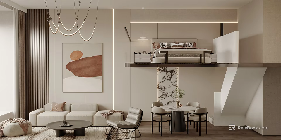 Modern Minimalist Loft Living Room With Chandeliers Art And Sofa 3d model 