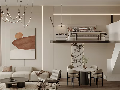 Modern Minimalist Loft Living Room With Chandeliers Art And Sofa 3d model